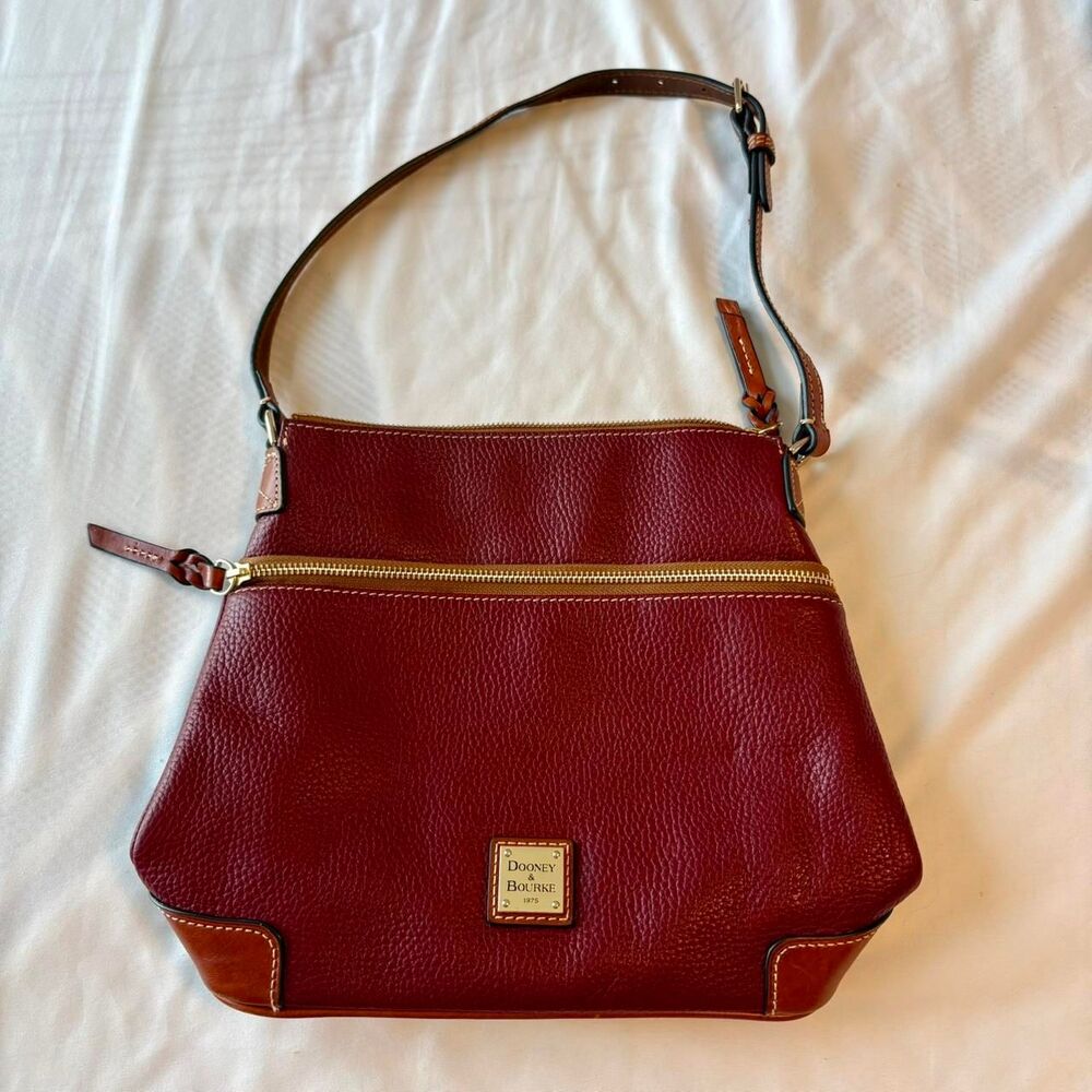 Dooney & Bourke Pebbled Leather Shoulder Hobo Bag Red Burgundy Wine Color Zip